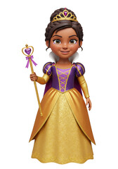 Cartoon Princess Doll Brunette in Dress Tiara Magic Isolated