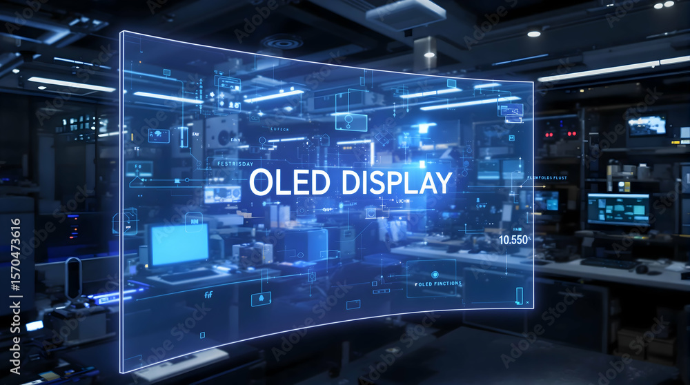 Poster oled display projection in lab, showing technological data, with blurred equipment and potential for
