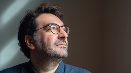 Obraz premium Thoughtful bearded man in glasses, warm light on his face. Wisdom and quiet confidence in a modern portrait.