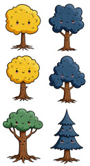 Cartoon Trees with Transparent Background Illustration Kawaii Style