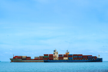 Aerial view of the freight shipping transport system cargo ship container. international...