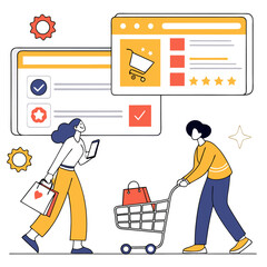 Two people shopping online with a cart and bags next to website interfaces with shopping cart icon