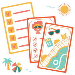 Checklist and cards with summer vacation theme including sun palm tree and beach ball illustration
