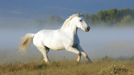 Obraz premium White horse galloping across a field, embodying freedom and wild spirit