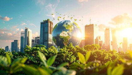 Earth Globe Rising Over City Skyline with Greenery and Sunlight