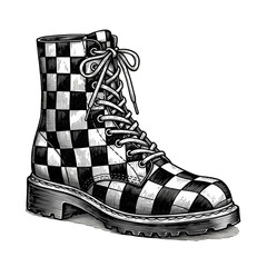 Checkered Pattern Boot Black White Isolated Drawing Illustration