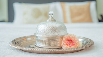 Silver tray with covered dish and fresh flowers on hotel bed, conveying elegant hospitality and refined simplicity