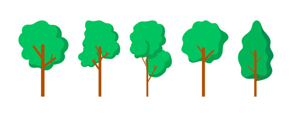 collection of flat tree illustrations with green foliage, perfect for nature, forest, or landscape design.