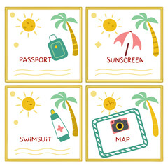 Four framed illustrations depicting vacation essentials like passport, sunscreen, swimsuit and map