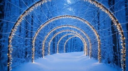 Blue winter tunnel illuminated with festive lights and covered in snow. Holiday decoration concept