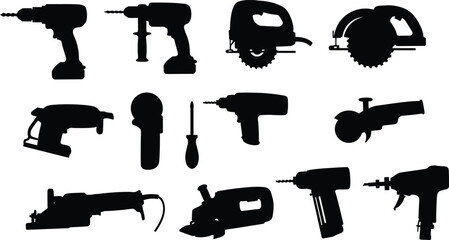 A comprehensive set of power tools silhouettes, including drills, saws, and grinders, perfect for construction, handyman services, home improvement, and workshop-themed projects.