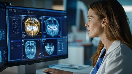 A dentist analyzing dental x-rays in a modern healthcare setting. - Powered by Adobe