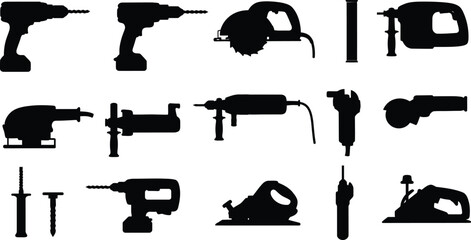 Comprehensive Power Tools Silhouettes Set: Extensive collection of drills, saws, sanders, and other construction and DIY electric tools, ideal for various projects.