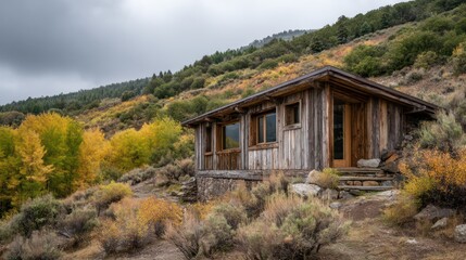 A rustic hillside cabin constructed from reclaimed timber surrounded by autumn foliage captured under overcast skies to create