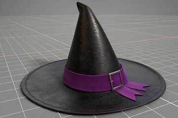 3D Render of Black Witch Hat with Purple Ribbon on Gray Grid Background