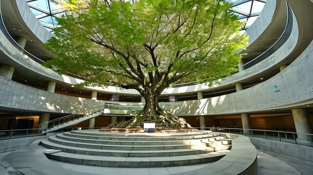A majestic tree stands in a modern atrium with circular seating and glass ceiling, symbolizing nature