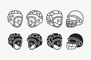 rugby helmet icon set in outline and filled style. american football headgear illustrations. sport safety gear accessory element designs with scrum cap, padded cap, headguard, face guard.