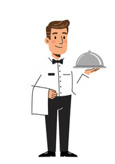 Cartoon Waiter Serving Food on Tray Isolated Background Illustration