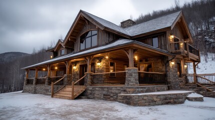 A rustic hillside lodge constructed from reclaimed timber stone a wraparound porch with mountain views photographed during snowfall