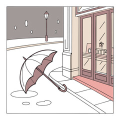 Umbrella abandoned on a rainy street near a building with a shop window and a street lamp post