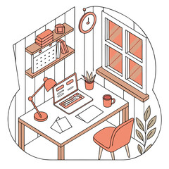 Isometric view of a desk with a laptop lamp mug papers chair shelves clock window and potted plant
