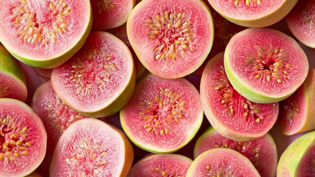 Vibrant guava slices showcasing juicy pink flesh and seeds.