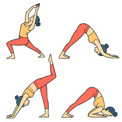 A woman demonstrating various yoga poses including warrior one downward dog and childs pose on white background