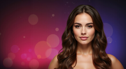 Woman with long wavy brown hair, bare shoulders, against a colorful bokeh background. Soft romantic beauty for hair care products, cosmetic advertisements, or salon promotions for healthy hair