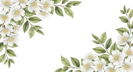 Elegant white floral arrangement with green leaves on a white background