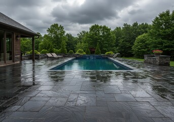 A backyard pool with dark stone patio and lounge chairs under a cloudy sky near green trees
