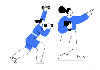 Obraz premium Woman using binoculars for a clear vision while another points decisively ahead holding a clipboard. Ideal for strategy, exploration, teamwork, leadership, goal setting, guidance, simple flat