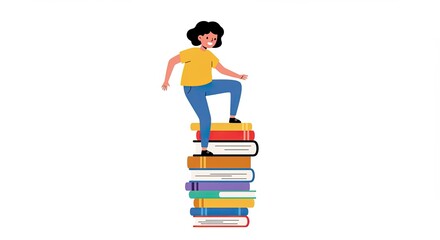 Woman climbing a colorful stack of books to reach higher goals in vector art