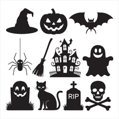 Halloween Icon Set with Witch Hat, Pumpkin, Bat, Spider, and Ghost Isolated on White background