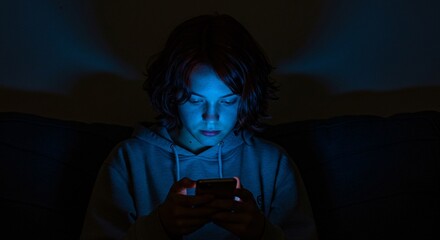 A woman sits in darkness, her face aglow from her phone screen, highlighting her concentration in the isolated setting