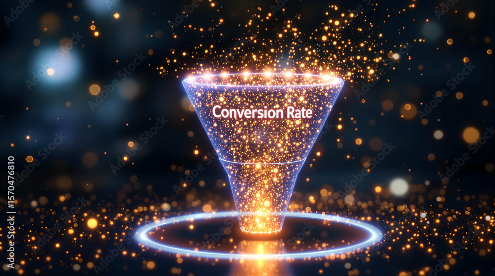 Poster digital funnel visualizing a conversion rate in an abstract, glowing environment used for business a