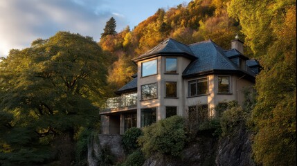 A secluded hillside villa nestled among autumn-colored trees with a slate roof large bay windows reflecting the surrounding