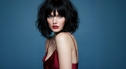 Fototapeta premium Woman with black textured bob and bangs in red dress against blue background. Edgy short hairstyle for modern salon and dramatic styling services