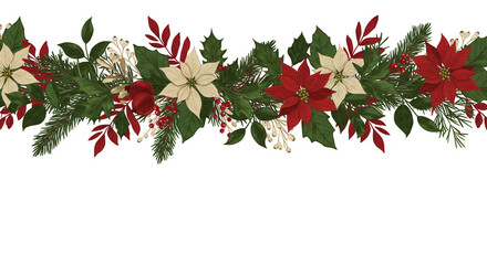 Christmas Poinsettia Border Evergreen Garland Festive Floral Decoration