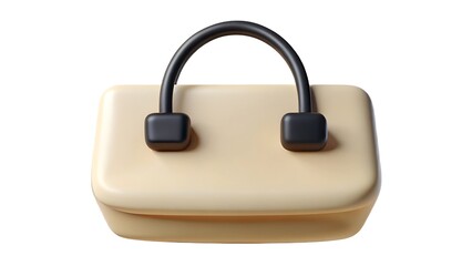 A stylish minimalist beige handbag with a smooth black curved handle and black square attachments isolated on white background