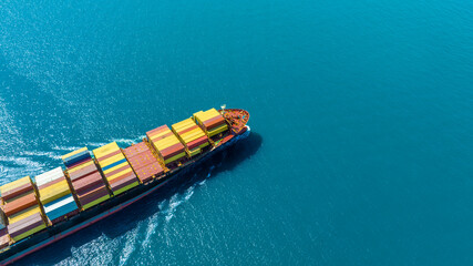 Aerial view of the freight shipping transport system cargo ship container. international...