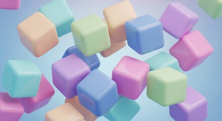 Floating Colorful Cubes Abstract Geometric Pattern on Blue Background