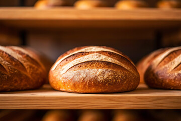 Freshly baked artisanal sourdough bread loaves on a wooden shelf