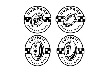 rugby balls with front, top, side angled views illustration vector badge logo set for rugby or american football sport, club, league and merchandise