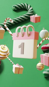 Animation of calendar with 1 number date and christmas decorations