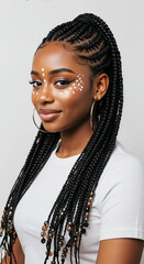 African American woman with long black box braids decorated with brown beads and white face painting on white background. Traditional protective hairstyle with cultural accessories