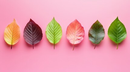 Obraz premium Six leaves in autumn colors arranged in a row on a pink background.