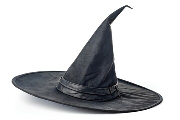Black Witch Hat with Curved Tip on White Background – Whimsical Halloween Costume Accessory
