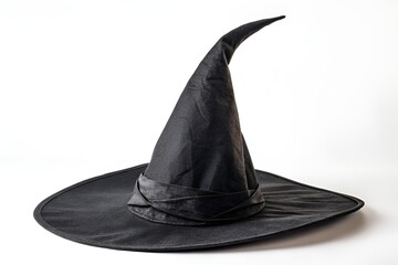 Black Witch Hat with Curved Tip on White Background – Whimsical Halloween Costume Accessory