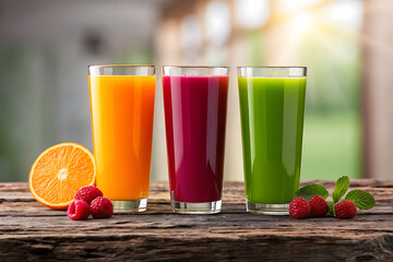 Fototapeta premium Three glasses of colorful fresh juices with fruits on a rustic wooden table