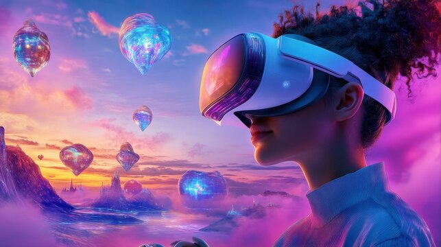 Young African American woman in virtual reality landscape at sunset - Powered by Adobe